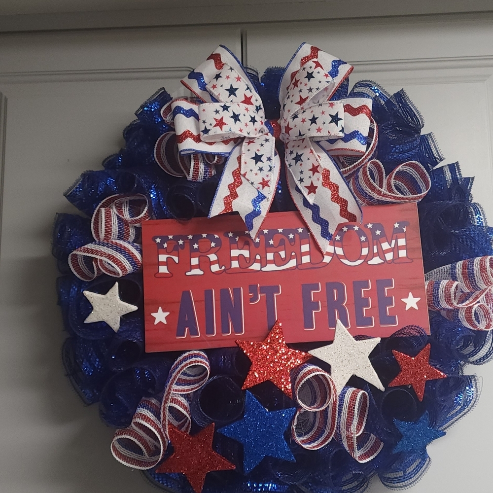 Patriotic Wreath with Stars and Bow "Freedom Aint Free"
